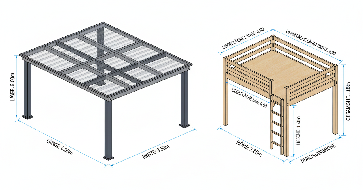 3D Zeichnungen das ein Carport und ein Hochbett mit Abmasse beschreibt.